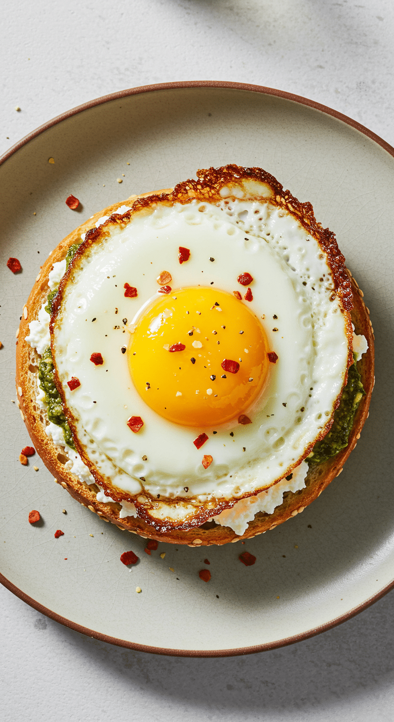 A beautiful, viral Pesto Egg on a toasted everything bagel with cottage cheese and chili crunch.