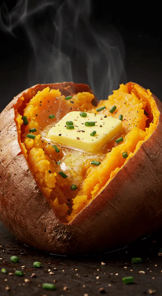 A perfect, crispy-skinned Air Fryer Sweet Potato, split open with a pat of melting butter and fresh chives.