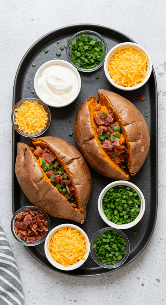 A beautiful and fun "sweet potato bar" with a variety of sweet and savory toppings.