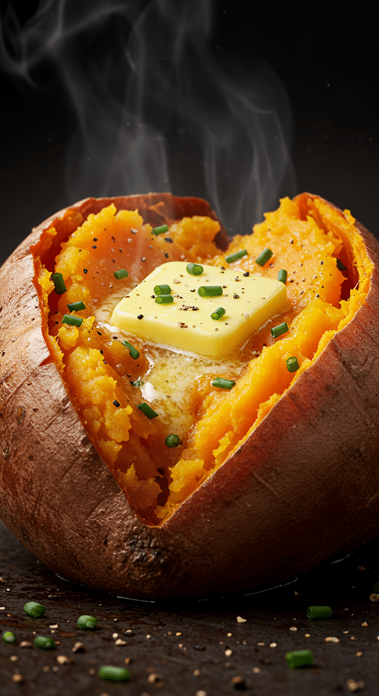 A perfect, crispy-skinned Air Fryer Sweet Potato, split open with a pat of melting butter and fresh chives.