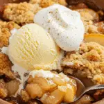 A close-up of a warm bowl of Pear and Apple Cobbler with a scoop of vanilla ice cream and whipped cream melting on top.