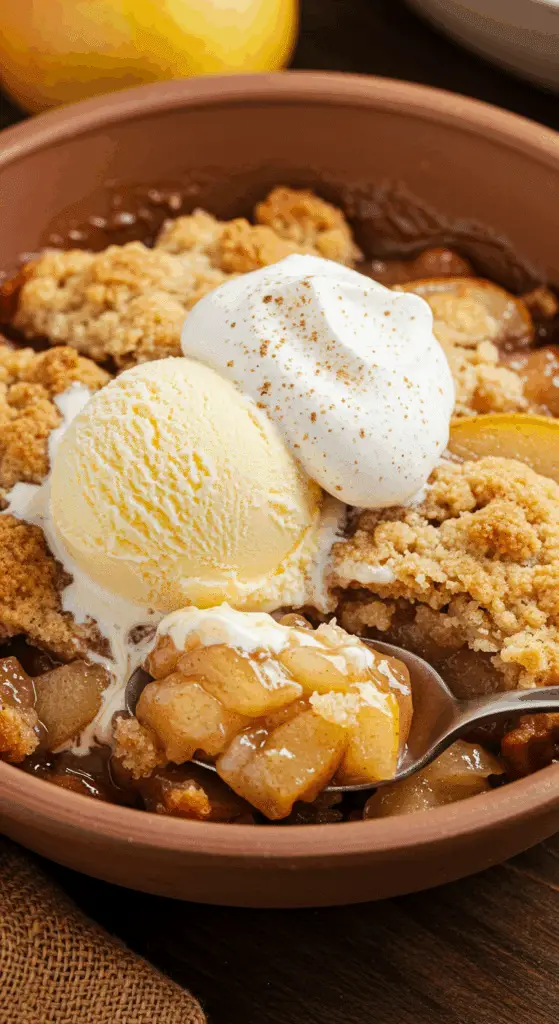 A close-up of a warm bowl of Pear and Apple Cobbler with a scoop of vanilla ice cream and whipped cream melting on top.