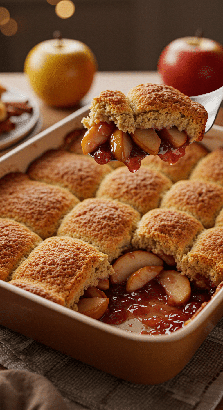 A warm, golden-brown homemade Pear and Apple Cobbler in a baking dish with a scoop being lifted out to show the bubbly filling.