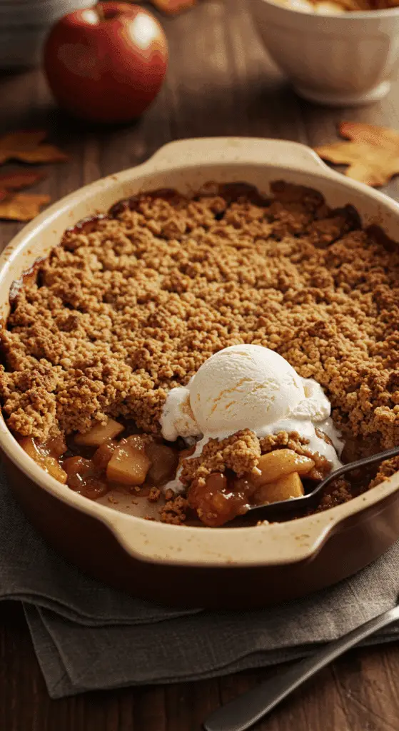 A warm, golden-brown homemade Old-Fashioned Apple Crisp in a baking dish with a scoop of melting vanilla ice cream.