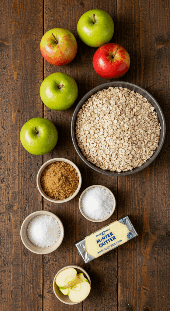 The fresh, seasonal ingredients for the Old-Fashioned Apple Crisp recipe.