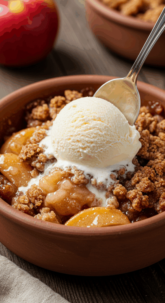 A close-up of a warm bowl of Old-Fashioned Apple Crisp with a scoop of vanilla ice cream melting on top.