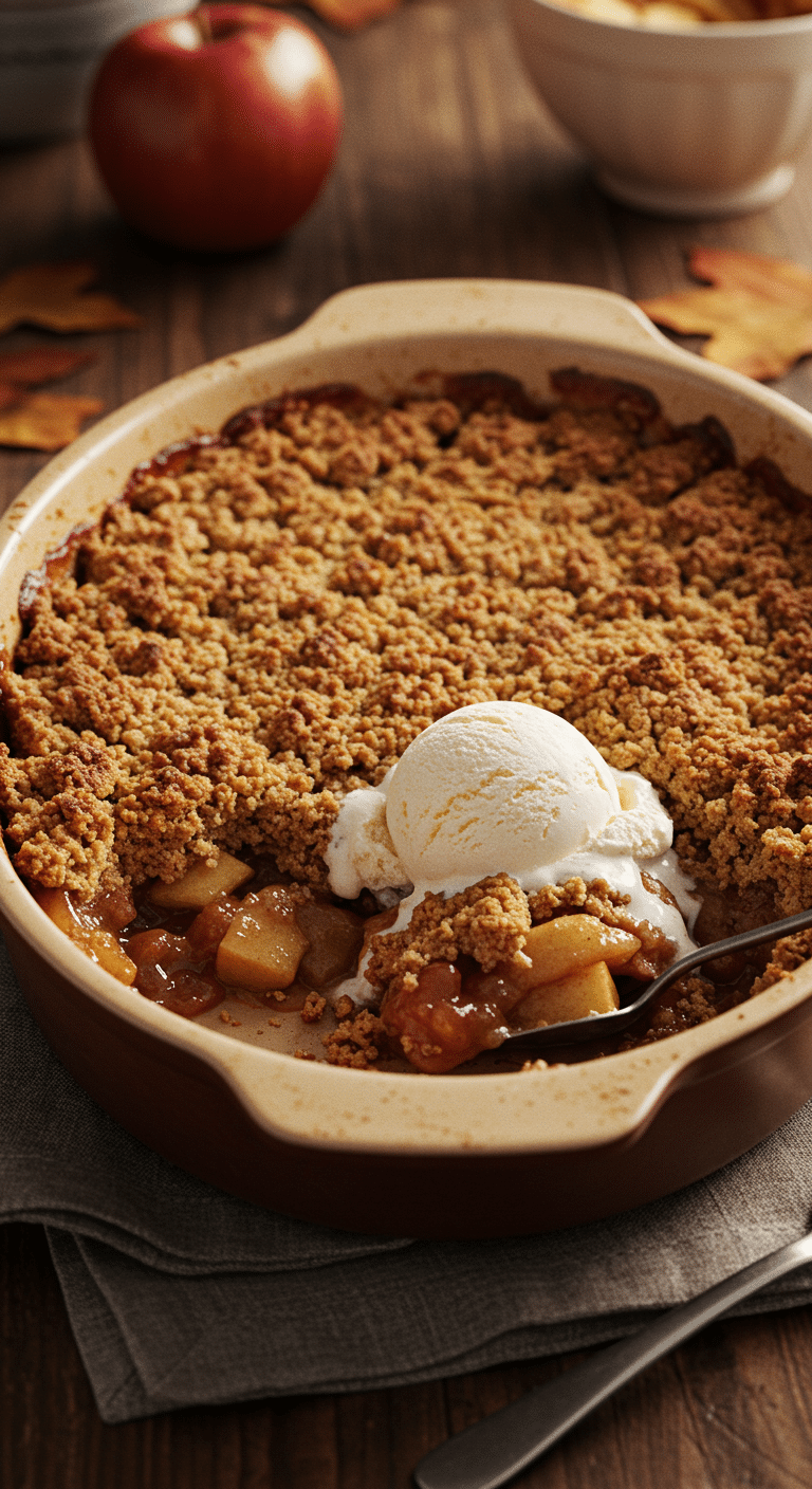 A warm, golden-brown homemade Old-Fashioned Apple Crisp in a baking dish with a scoop of melting vanilla ice cream.