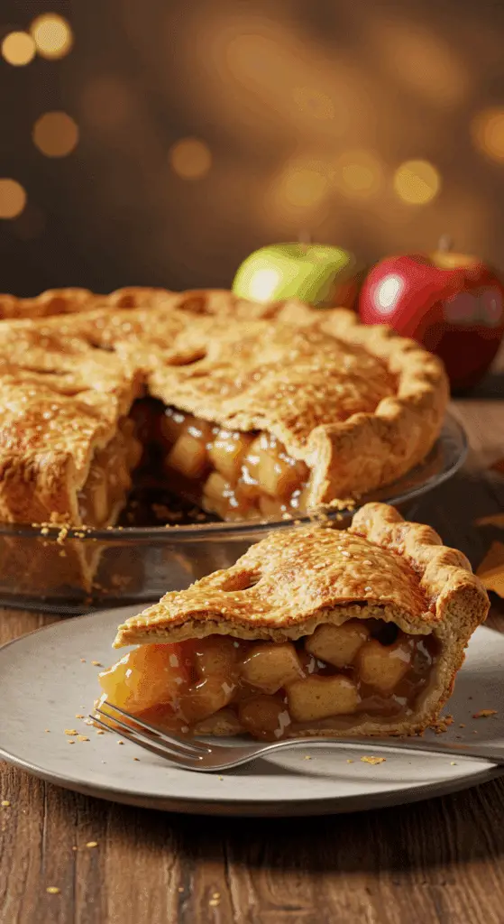 A beautiful, golden-brown homemade Deep-Dish Apple Pie with a perfect, tall, full slice removed to show the no-gap filling.