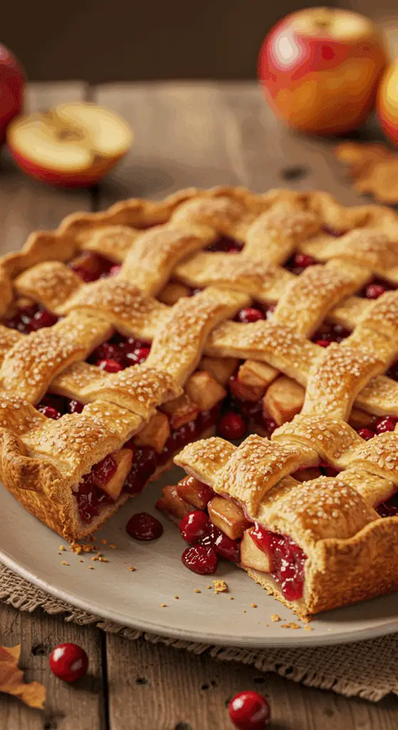 A beautiful, golden-brown homemade Apple Cranberry Pie with a flaky lattice crust and a perfect slice removed.