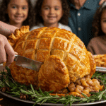 The beautiful, finished Apple Pie Puff Pastry Turkey as the centerpiece of a festive Thanksgiving dessert table.