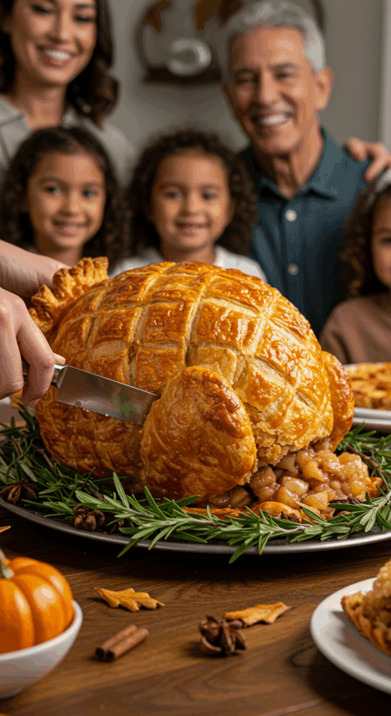 The beautiful, finished Apple Pie Puff Pastry Turkey as the centerpiece of a festive Thanksgiving dessert table.