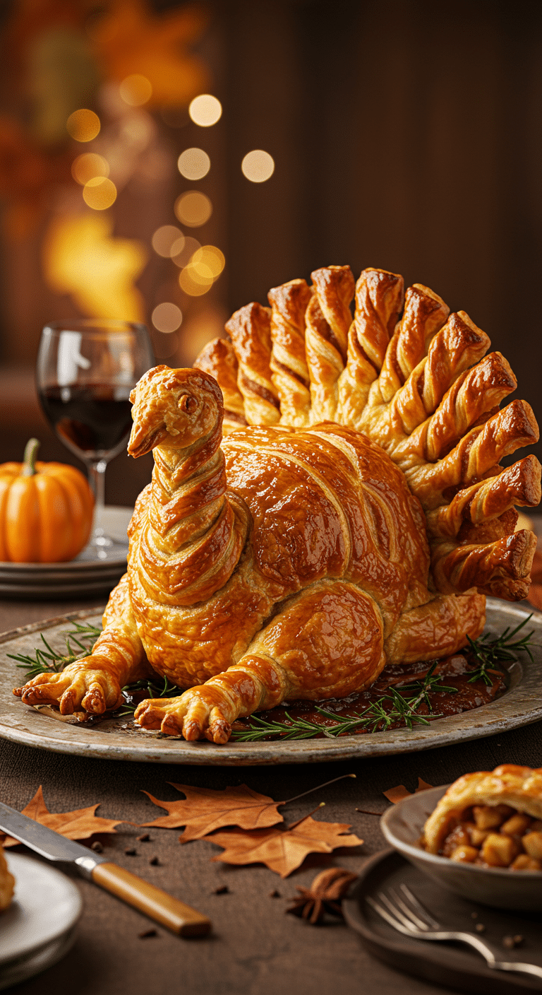 A stunning, golden-brown, homemade Apple Pie Puff Pastry Turkey, shaped like an edible turkey sculpture.