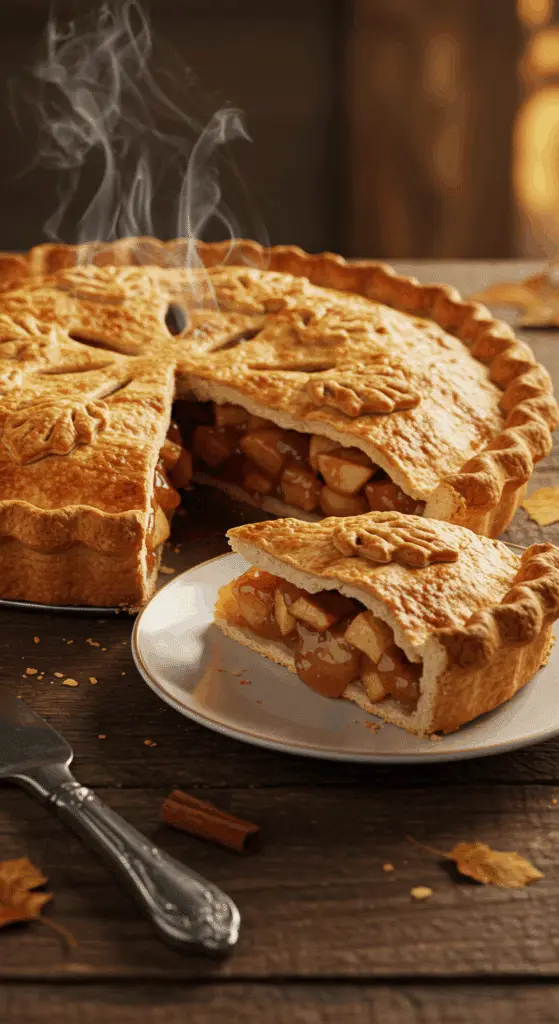A beautiful, golden-brown homemade Apple Pie with a flaky crust and a perfect slice removed.