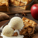 A perfect slice of warm, homemade Apple Pie served with a large scoop of melting vanilla ice cream.