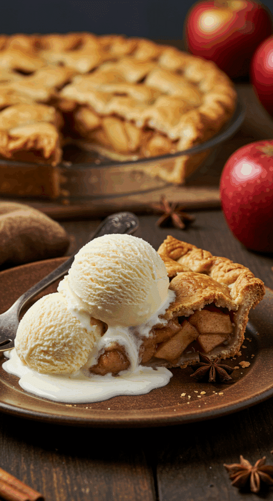 A perfect slice of warm, homemade Apple Pie served with a large scoop of melting vanilla ice cream.