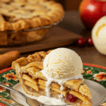 A perfect slice of warm, homemade Apple Cranberry Pie served with a large scoop of melting vanilla ice cream at a holiday dinner.
