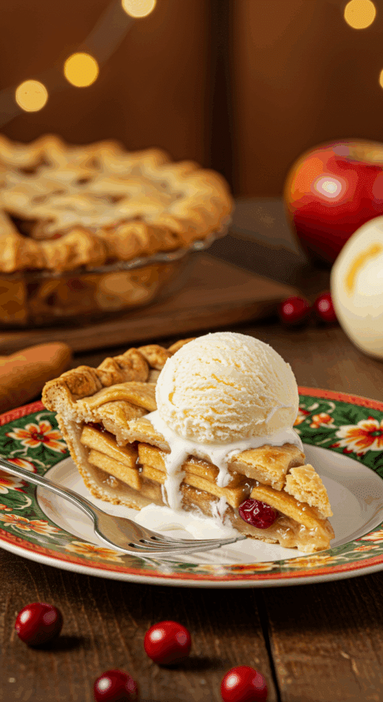 A perfect slice of warm, homemade Apple Cranberry Pie served with a large scoop of melting vanilla ice cream at a holiday dinner.