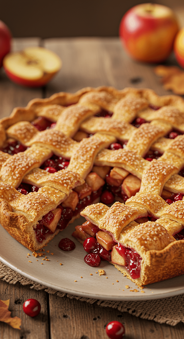 A beautiful, golden-brown homemade Apple Cranberry Pie with a flaky lattice crust and a perfect slice removed.