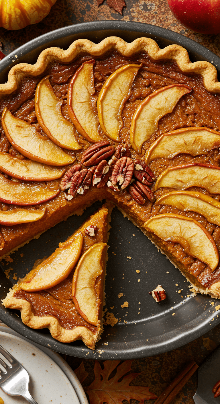 A beautiful, homemade, "three-in-one" Apple-Pumpkin-Pecan Pie, showing the distinct apple, pumpkin, and pecan sections.