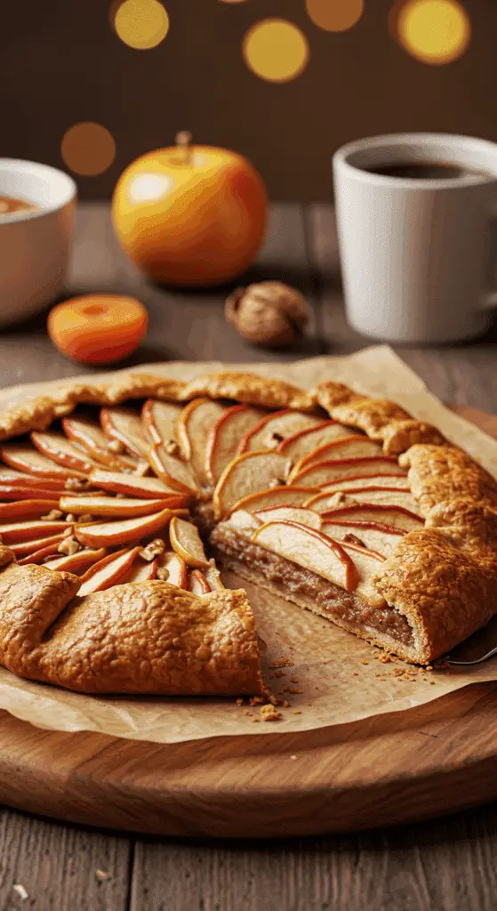 A beautiful, golden-brown, rustic homemade Apple-Walnut Galette with a creamy walnut filling.