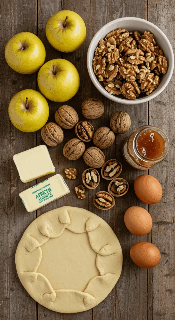 The fresh, rustic ingredients for the from-scratch Apple-Walnut Galette recipe.