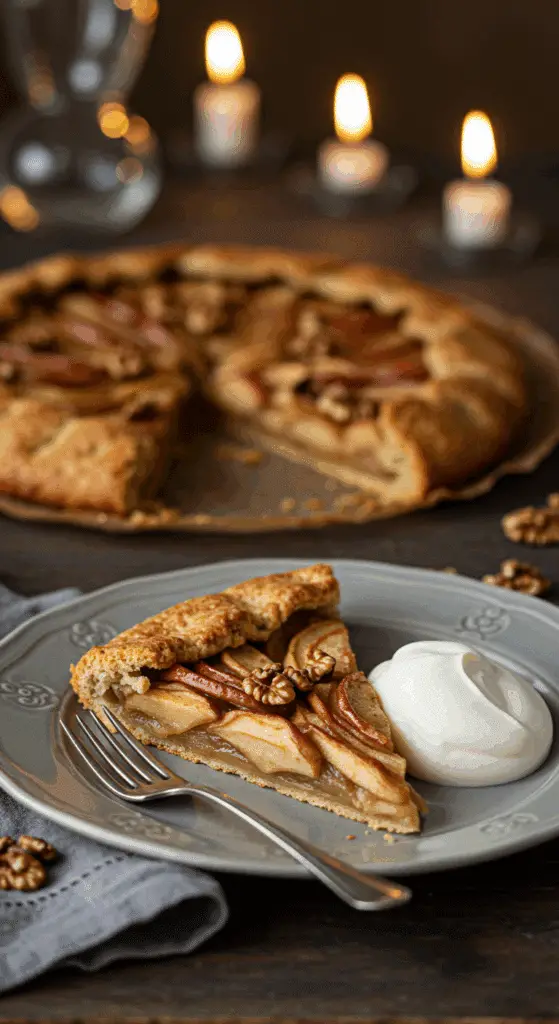 An elegant slice of homemade Apple-Walnut Galette being served with a quenelle of mascarpone at a dinner party.