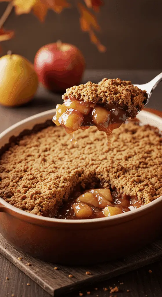 A warm, golden-brown homemade Apple and Pear Crisp in a baking dish with a scoop being lifted out to show the jammy filling.