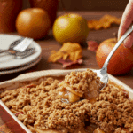 The beautiful, finished Apple and Pear Crisp being served as dessert at a festive holiday dinner.