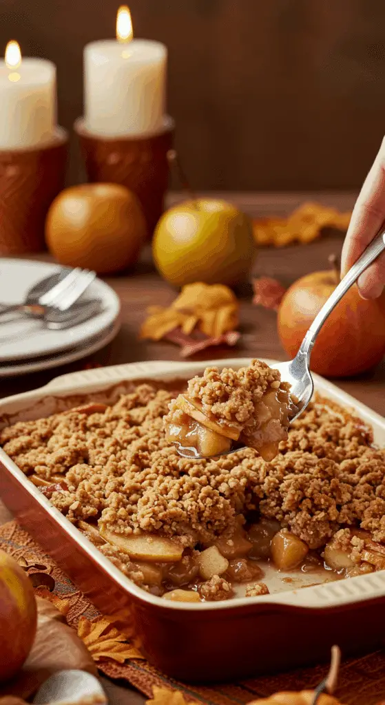 The beautiful, finished Apple and Pear Crisp being served as dessert at a festive holiday dinner.
