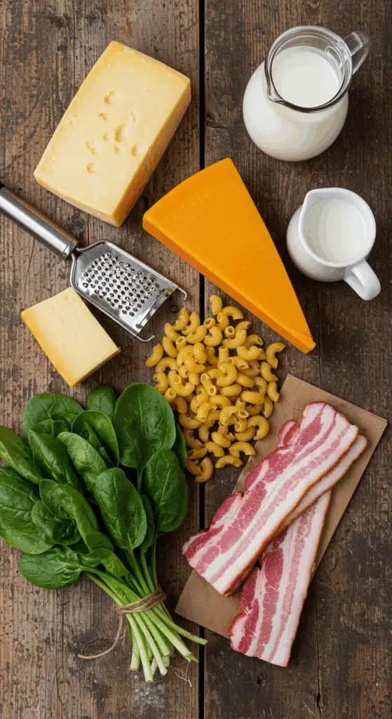 The fresh, from-scratch ingredients for the creamy, three-cheese Baked Mac and Cheese recipe.