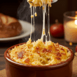 A cozy bowl of homemade, baked Mac and Cheese with a crispy top and a gooey cheese pull, being served for a family dinner.