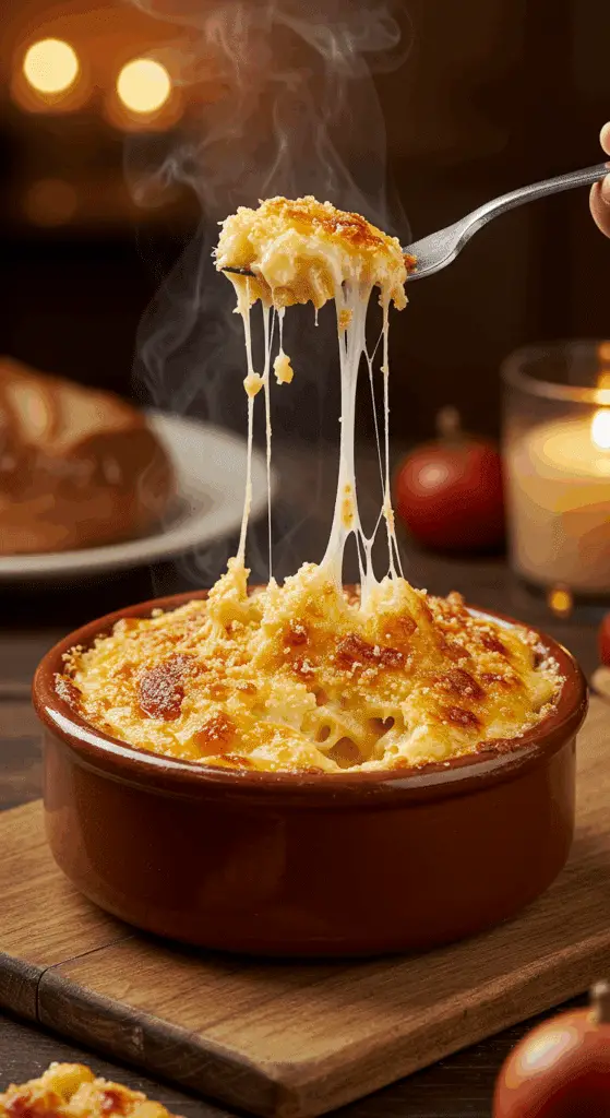 A cozy bowl of homemade, baked Mac and Cheese with a crispy top and a gooey cheese pull, being served for a family dinner.