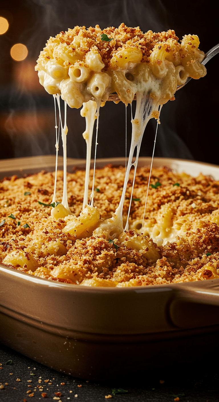 A beautiful, golden-brown homemade Baked Mac and Cheese in a casserole dish with an incredible, creamy cheese pull.