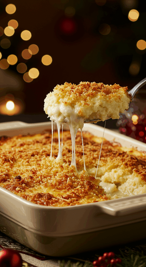 A beautiful, golden-brown, baked Creamy Mashed Potato Casserole with a cheesy, creamy scoop being lifted out.