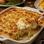 The beautiful, golden-brown Mashed Potato Casserole being served as a centerpiece on a festive Thanksgiving dinner table.