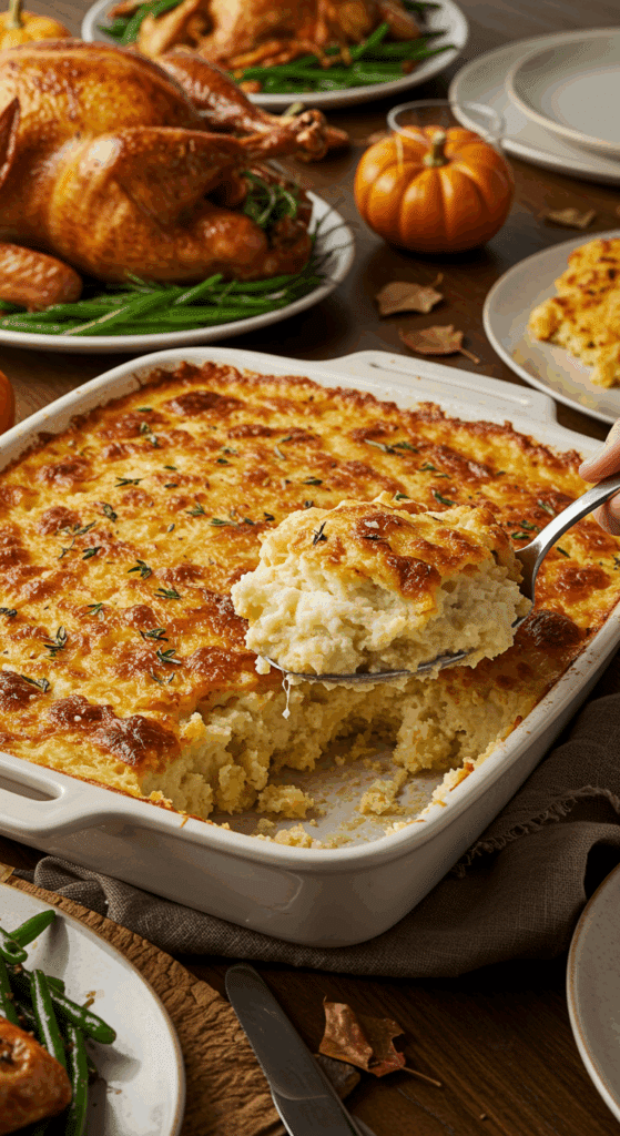 The beautiful, golden-brown Mashed Potato Casserole being served as a centerpiece on a festive Thanksgiving dinner table.