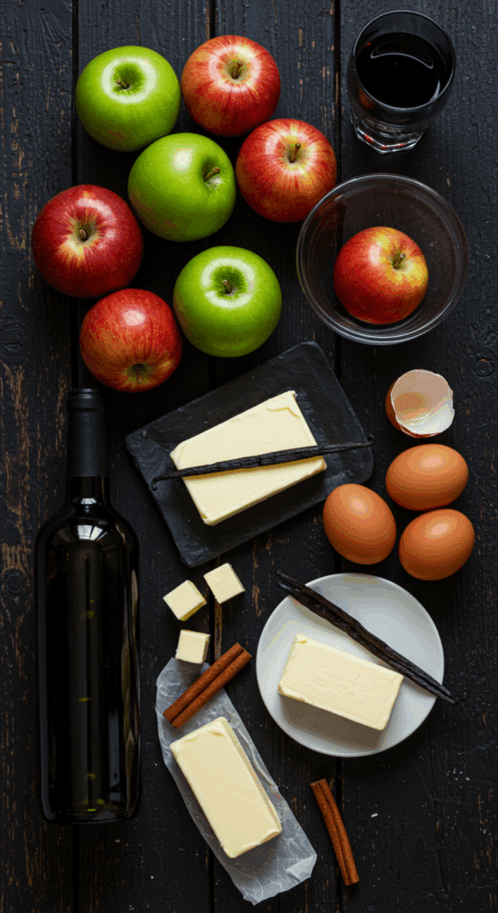 The sophisticated, from-scratch ingredients for the gourmet Caramel Apple Pie recipe with red wine.