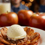 A perfect slice of homemade Caramel Apple Pie served with a large scoop of melting vanilla ice cream at a holiday dinner.