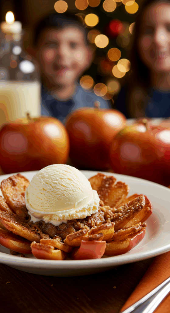 A perfect slice of homemade Caramel Apple Pie served with a large scoop of melting vanilla ice cream at a holiday dinner.
