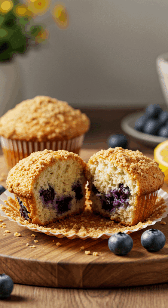 Two beautiful, moist Lemon Blueberry Muffins with a crunchy streusel topping, with one broken in half.