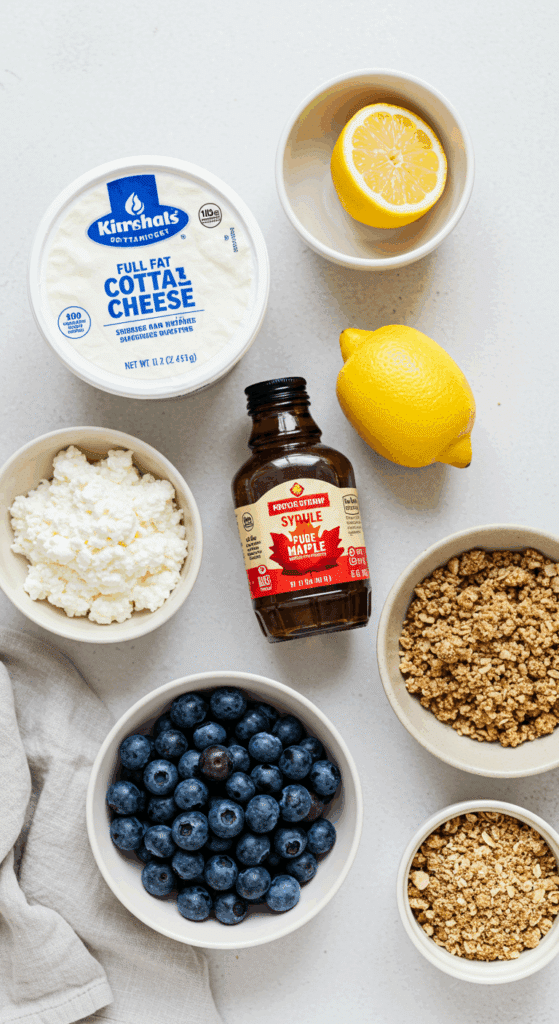 The healthy, simple ingredients for making high-protein Lemon Blueberry Muffins.