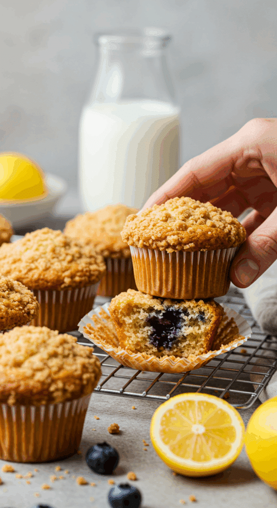 A hand taking a warm, fresh-baked Lemon Blueberry Muffin from a cooling rack.