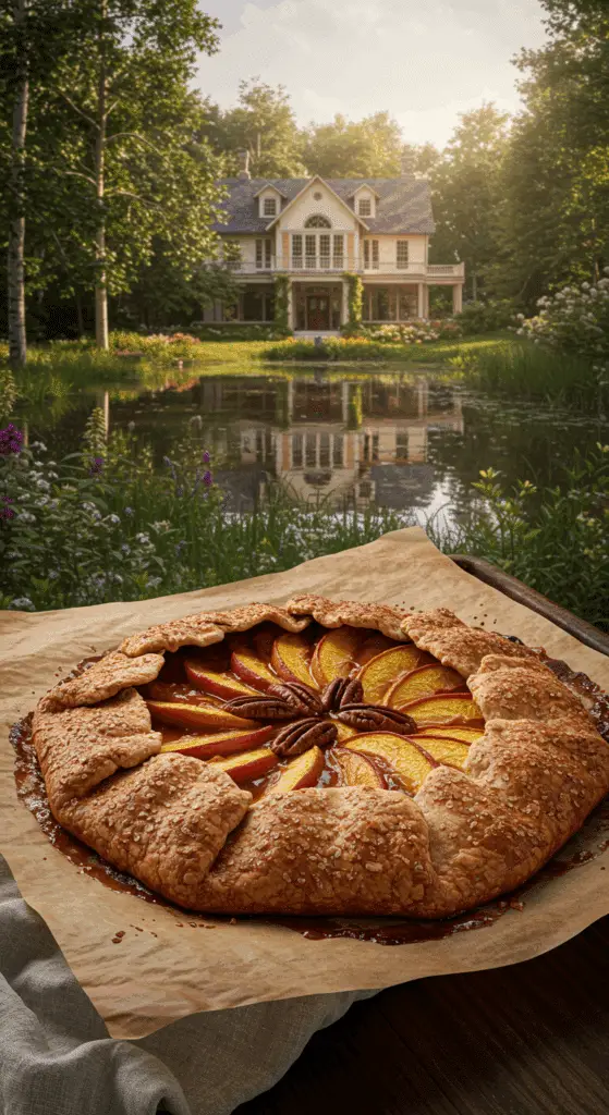 A beautiful, golden-brown, rustic homemade Bourbon Pecan Peach Galette, fresh from the oven on a baking sheet.