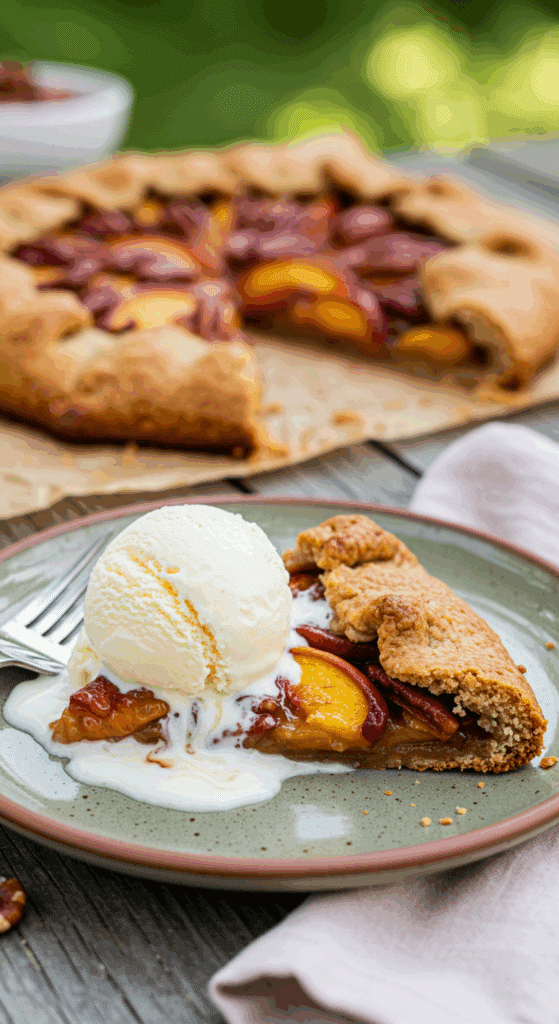 A perfect slice of warm, homemade Bourbon Pecan Peach Galette served with a large scoop of melting vanilla ice cream.