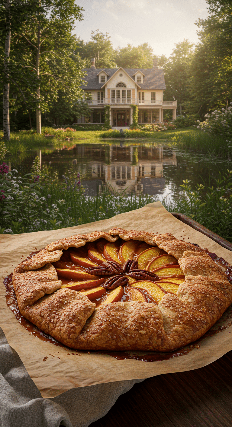 A beautiful, golden-brown, rustic homemade Bourbon Pecan Peach Galette, fresh from the oven on a baking sheet.