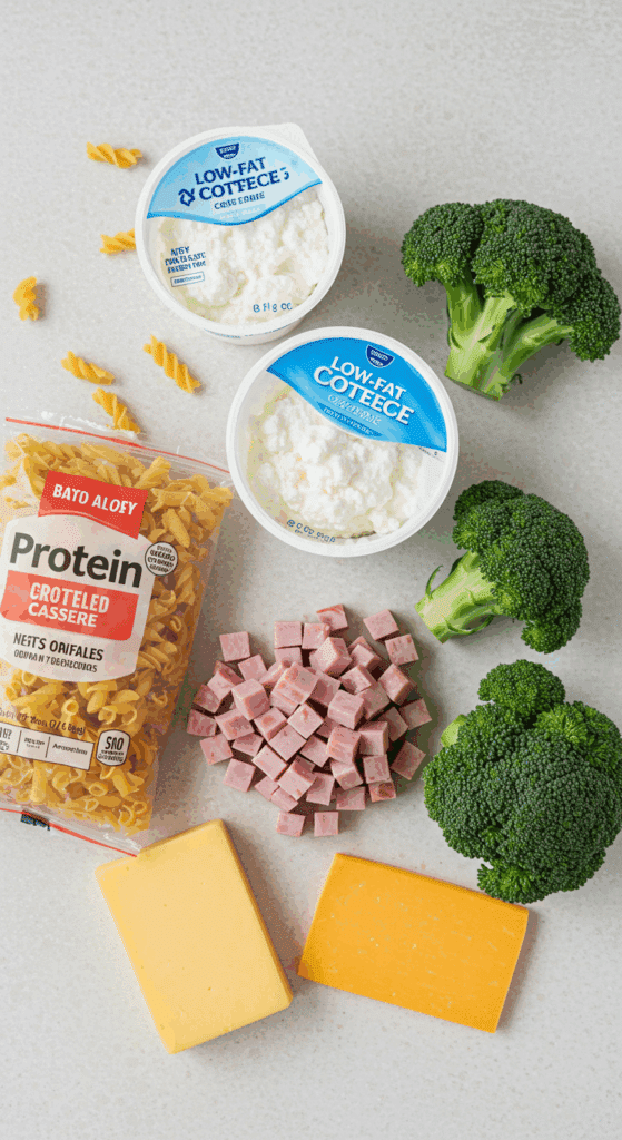 The healthy, simple ingredients for the High-Protein Broccoli Cheddar Ham Pasta Casserole.