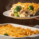 Serving a warm, cheesy scoop of the Broccoli Cheddar Ham Pasta Casserole at a family dinner.