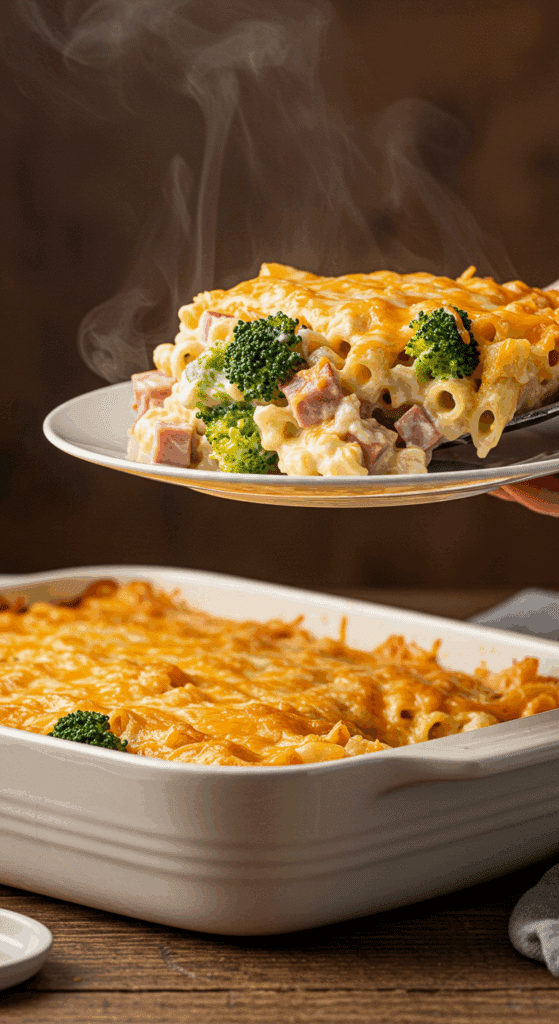 Serving a warm, cheesy scoop of the Broccoli Cheddar Ham Pasta Casserole at a family dinner.