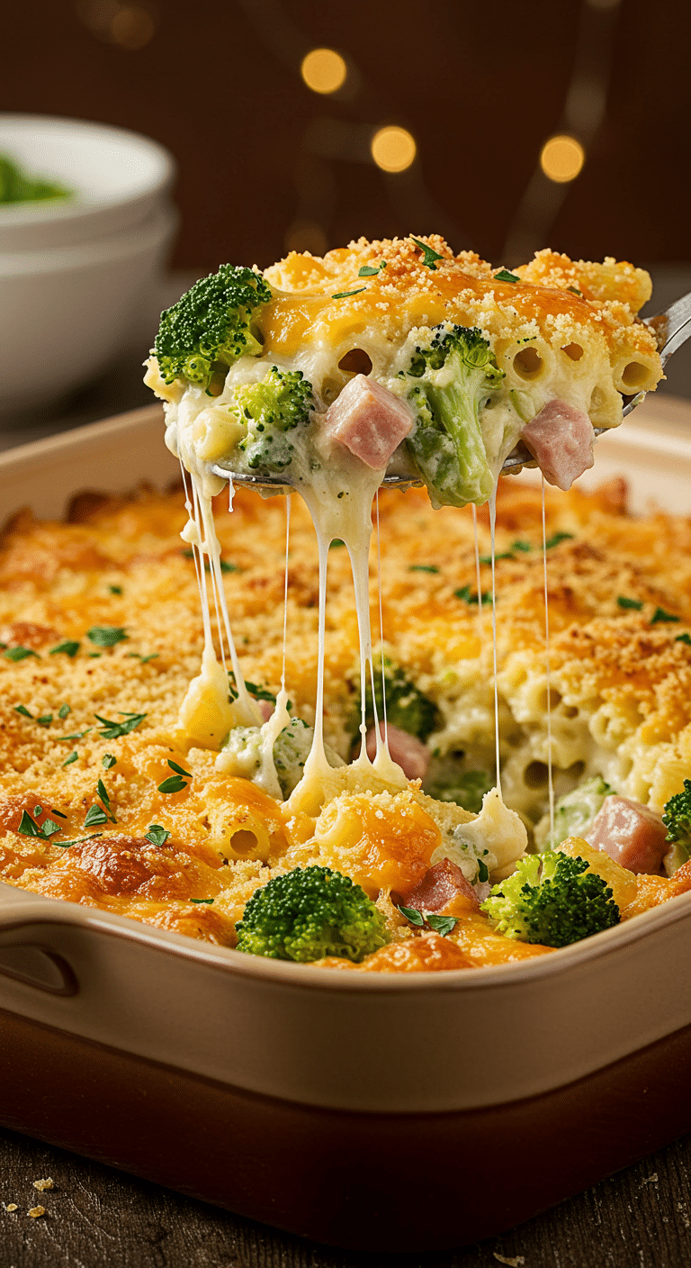 A beautiful, golden-brown baked Broccoli Cheddar Ham Pasta Casserole with a creamy, cheesy scoop being lifted out.