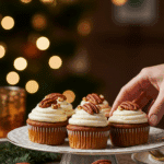 A beautiful platter of homemade Pecan Pie Cupcakes being served at a festive holiday party.